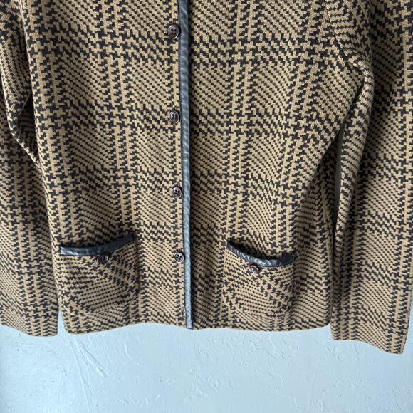 Pendleton Sweater Medium Brown Black Plaid Wool Leather Trim Petite Equestrian - Picture 3 of 8
